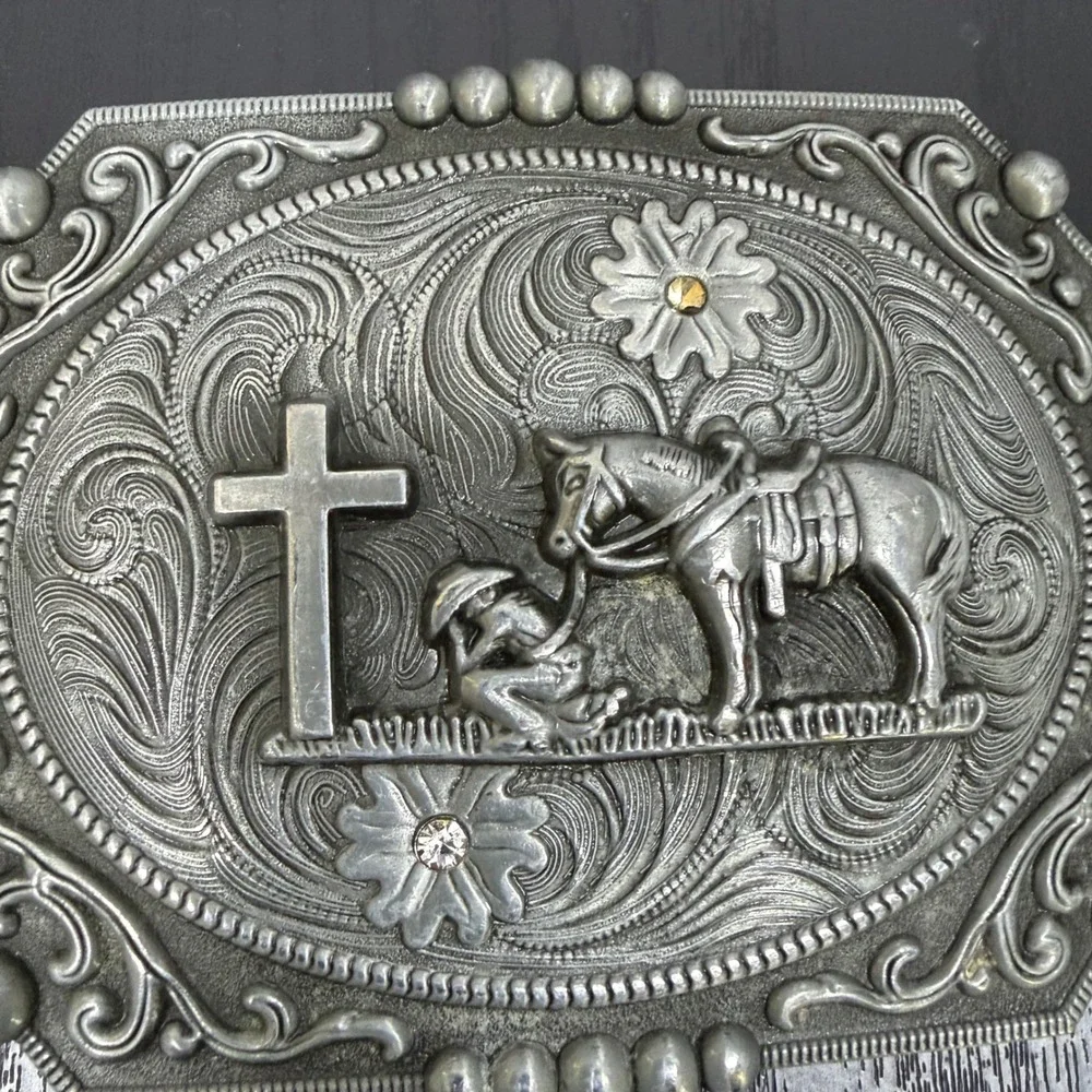 Mens Silver Western Belt Buckle Praying Cowboy Horse Cross Religious Rodeo Style